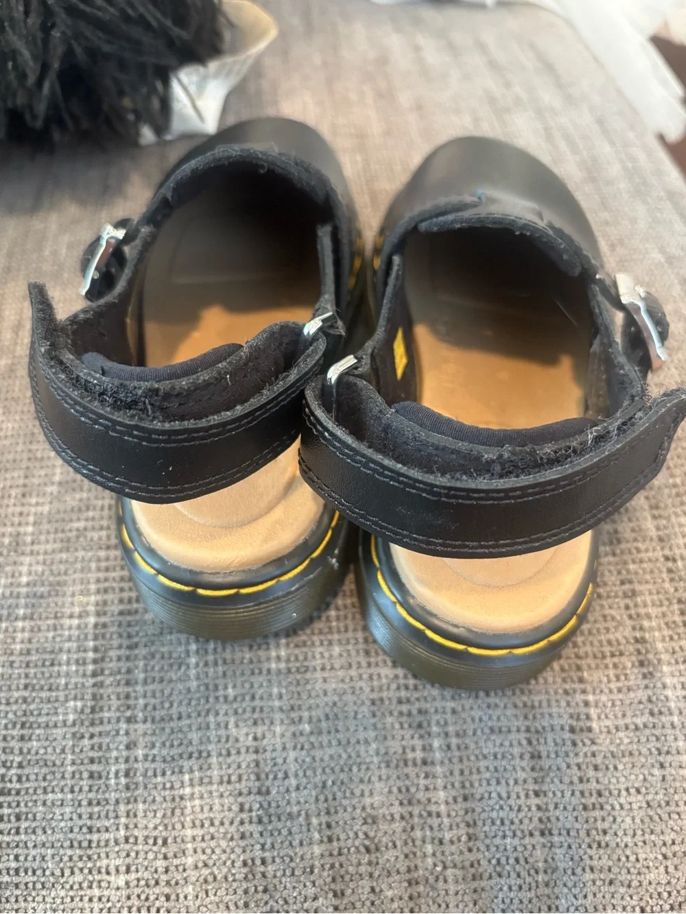 Dr. Martens Kids Black Leather Mary Jane Sandals with Yellow Stitching